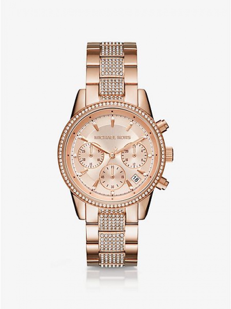 Michael Kors Ritz Pave Horloge Dames Roze Goud | 864591-ZGD