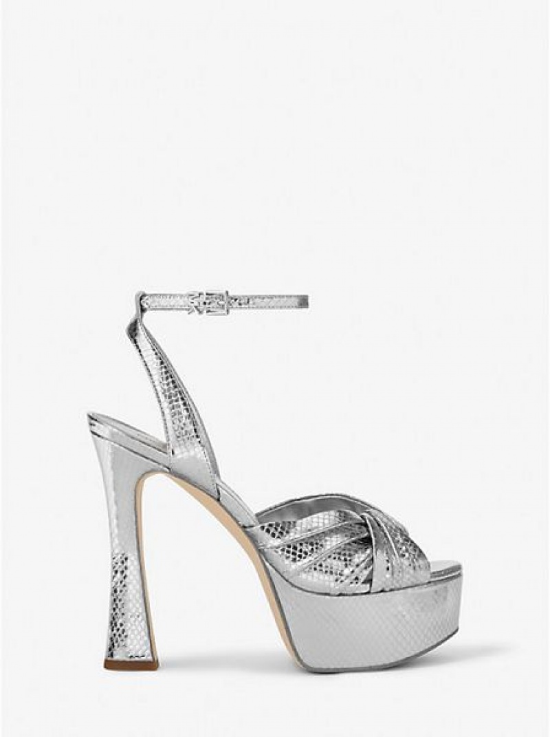 Michael Kors Selena Metallic Snake Embossed Leren Plateau Sandalen Dames Zilver | 518692-SBJ