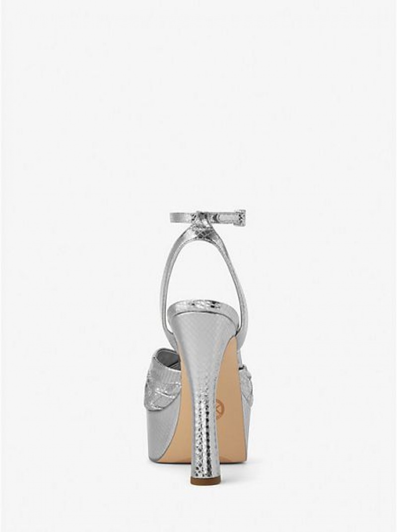 Michael Kors Selena Metallic Snake Embossed Leren Plateau Sandalen Dames Zilver | 518692-SBJ