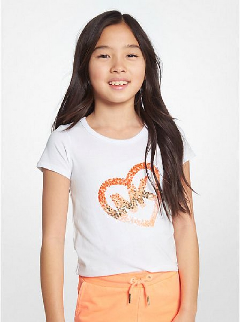 Michael Kors Stretch Katoenen Sequined Logo Heart T-shirts Kinderen Wit | 032467-YMH