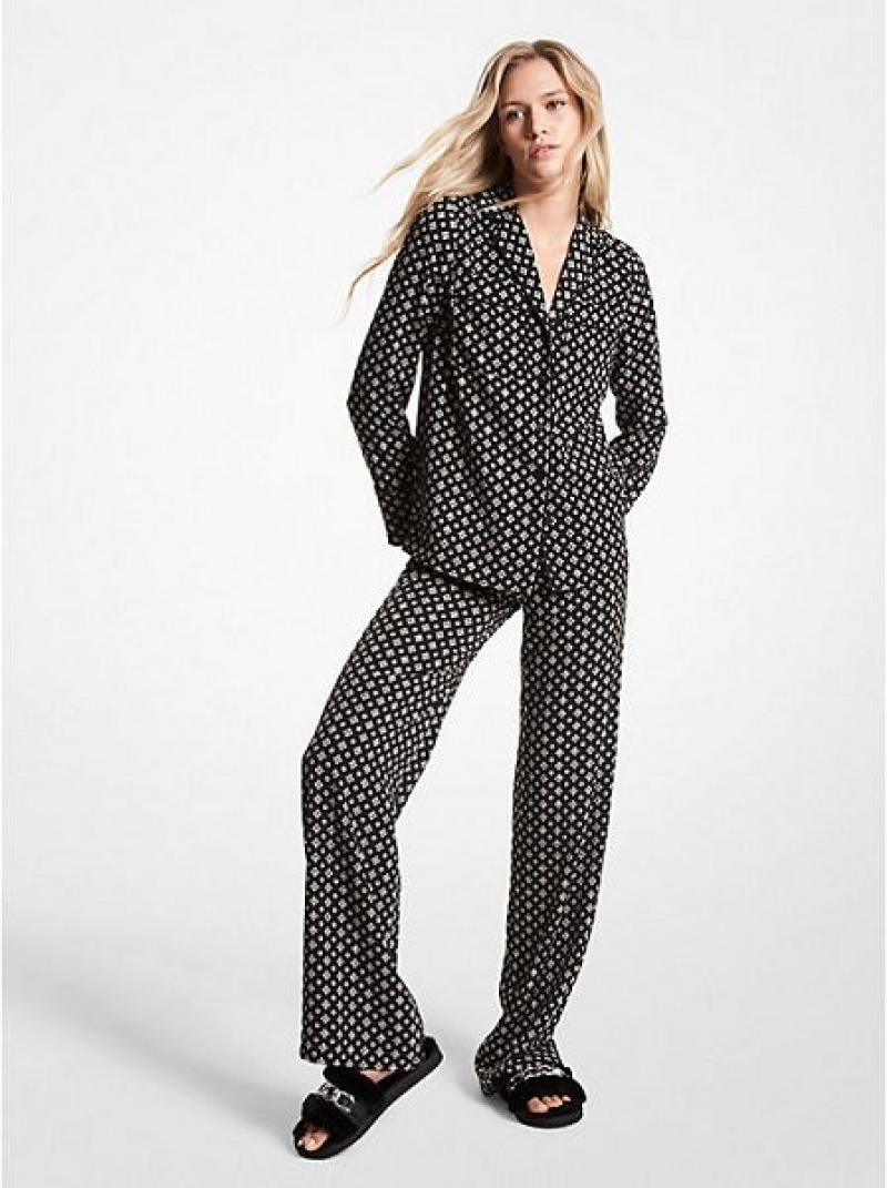 Michael Kors Studded Medallion Crushed Crepe Pajama Overhemd Dames Zwart Wit | 527169-OQT