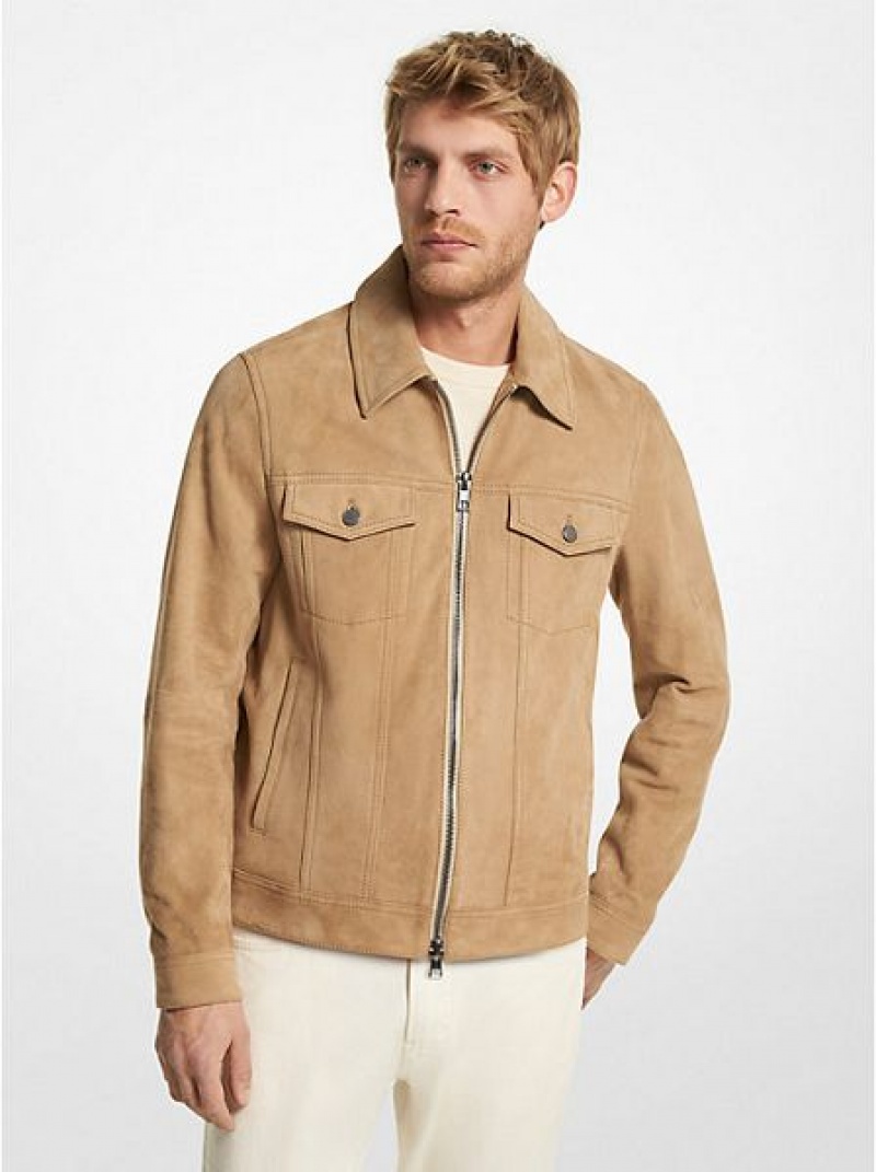 Michael Kors Suede Zip-up Trucker Jassen Heren Khaki | 841657-TWC