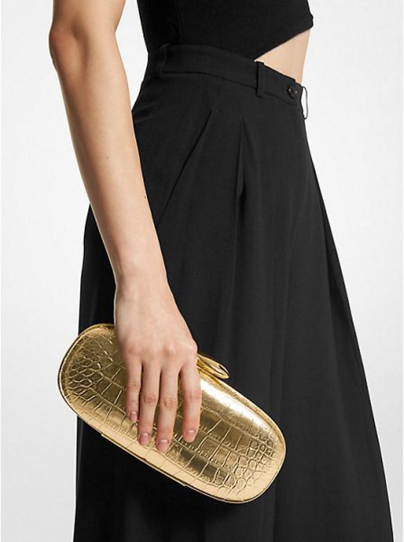 Michael Kors Tina Small Metallic Crocodile Embossed Leren Mini Tassen Dames Goud | 897156-GZU