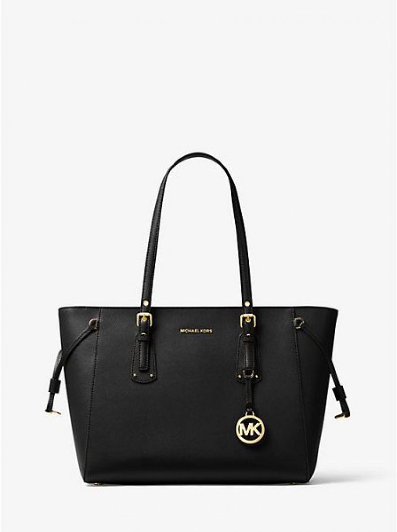 Michael Kors Voyager Medium Crossgrain Leren Tote Tassen Dames Zwart | 490672-QLO