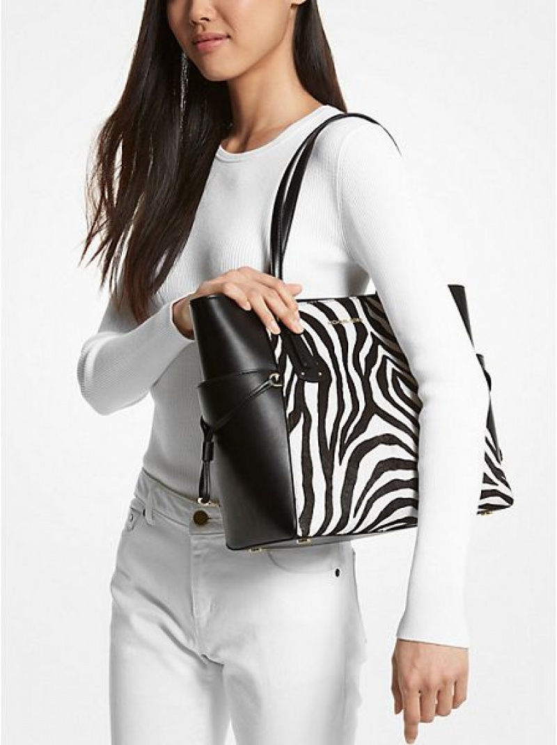 Michael Kors Voyager Small Zebra Printed Calf Hair Tote Tassen Dames Zwart | 891064-OZE